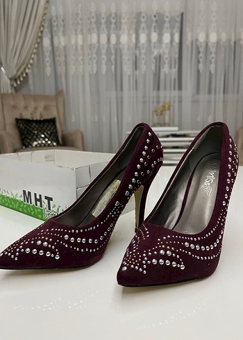 Bordo Süet Taş İşlemeli Stiletto - Görsel 6