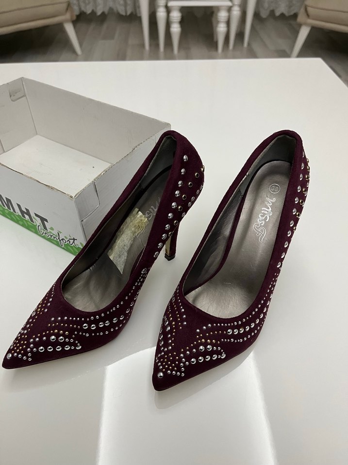 Bordo Süet Taş İşlemeli Stiletto - Görsel 2