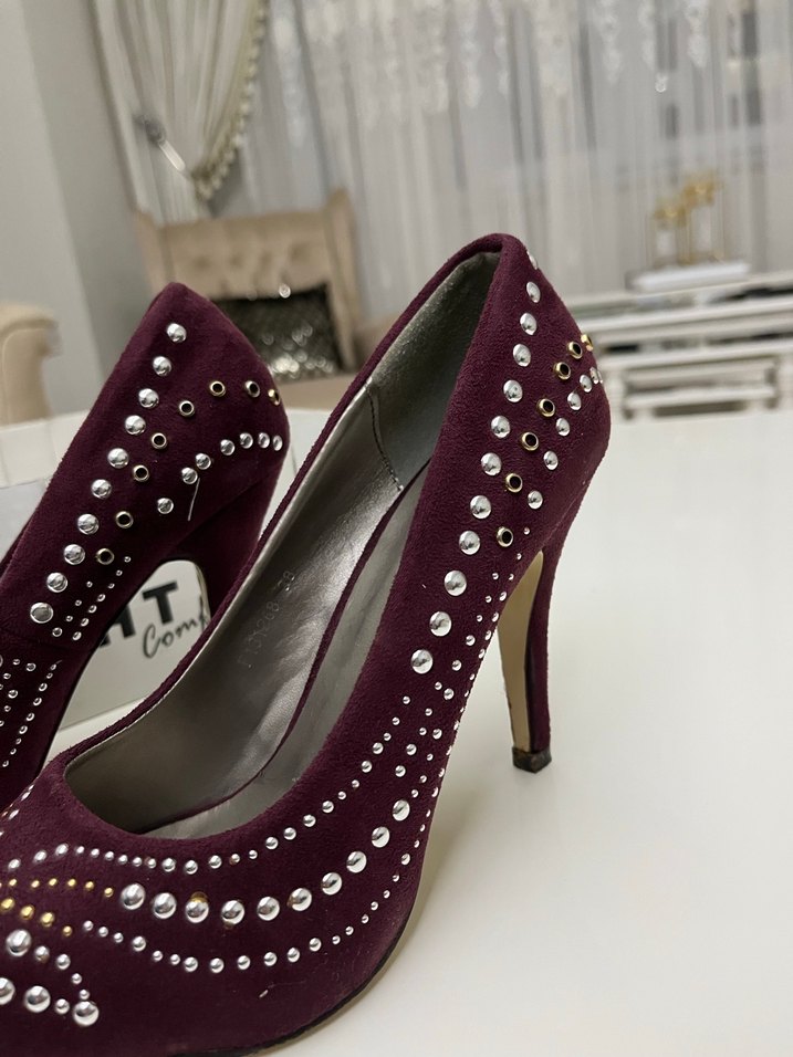 Bordo Süet Taş İşlemeli Stiletto - Görsel 4