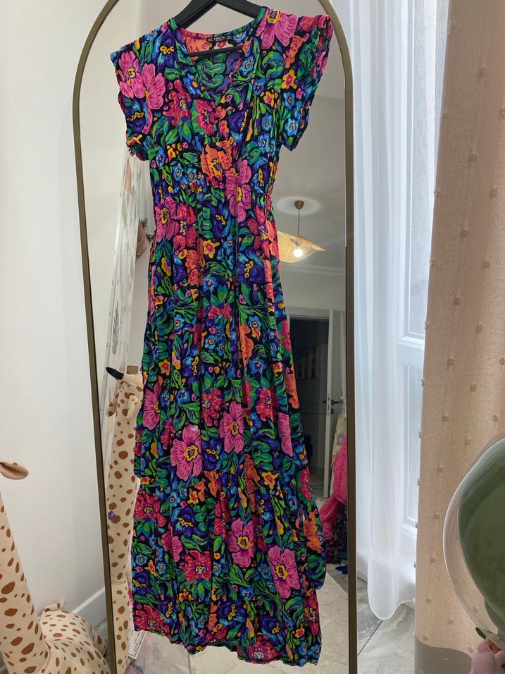 Renkli Çiçek Desenli Uzun Bohem Elbise - Görsel 3