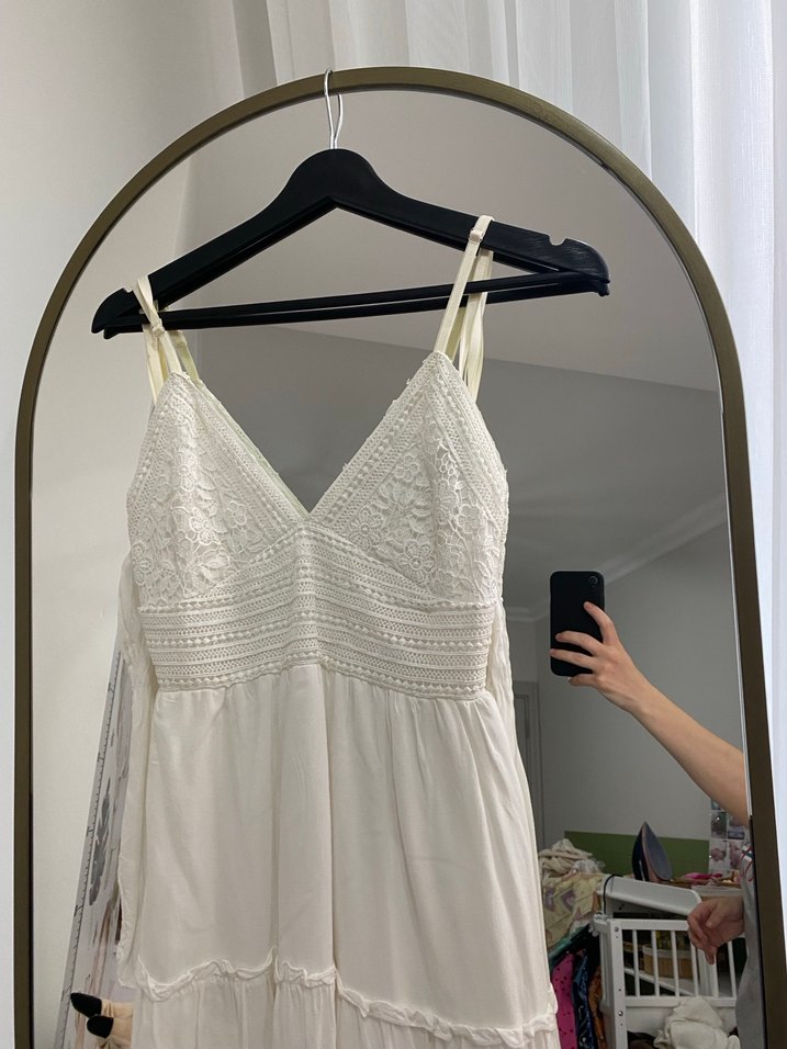 Beyaz Bohem Uzun Kollu Mini Gelinlik askı yerleri sarı - Görsel 2