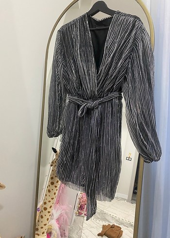 Gri Pilili Uzun Kollu Kadın Abiye Elbise - Görsel 2