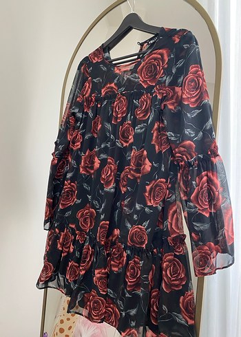 Kırmızı Gül Desenli Uzun Kollu Midi Elbise - Görsel 2