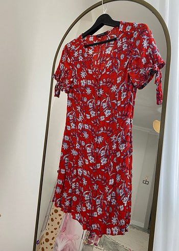 Kırmızı Çiçek Desenli Bohem Midi Elbise - Görsel 2