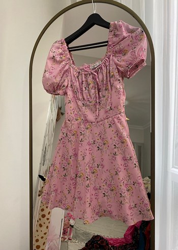 Pembe Çiçekli Mini Bohem Elbise - Görsel 2