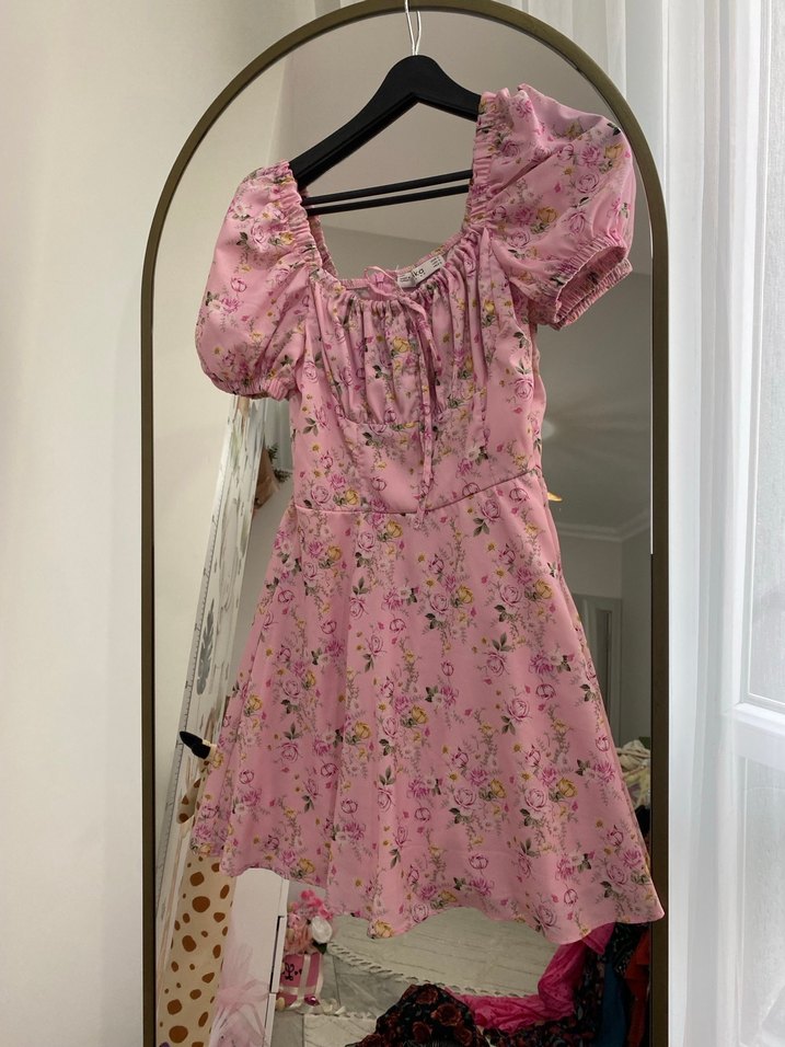 Pembe Çiçekli Mini Bohem Elbise - Görsel 2