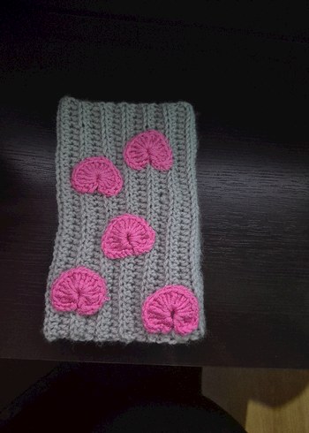 Pembe Kalp Detaylı Gri Örgü Eldiven - Görsel 2