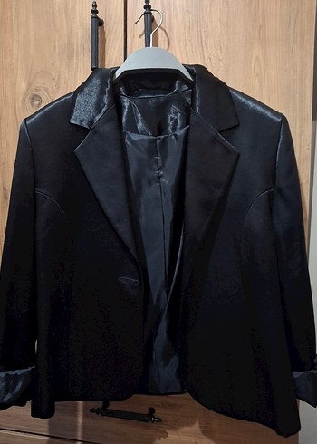 Tasarımcı Siyah Saten Kadın Midi Blazer Ceket