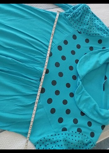 Turkuaz Puantiyeli Düğmeli Bluz - Görsel 4