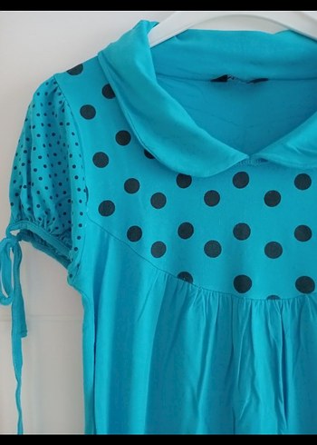 Turkuaz Puantiyeli Düğmeli Bluz - Görsel 3