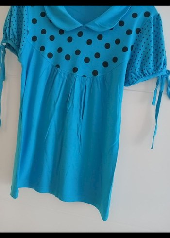 Turkuaz Puantiyeli Düğmeli Bluz - Görsel 7