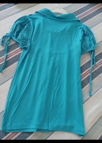 Turkuaz Puantiyeli Düğmeli Bluz - Görsel 6