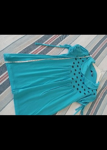 Turkuaz Puantiyeli Düğmeli Bluz - Görsel 5