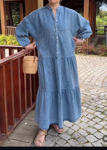 Zara Bohem Gri Mavi Uzun Denim Elbise