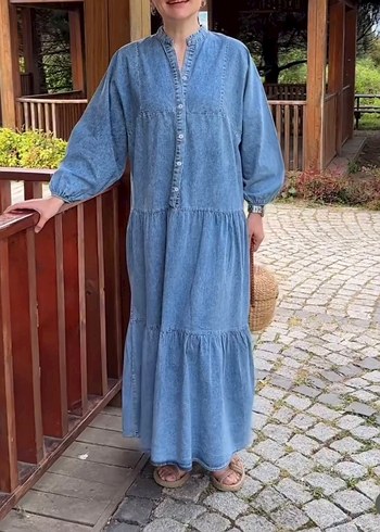 Bohem Gri Mavi Uzun Denim Elbise