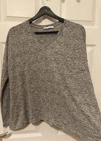 Gri V Yakalı Kadın Triko Kazak - Görsel 2