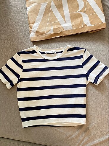 xs Beden Zara lacivert çizgili tişört tshirt bluz crop