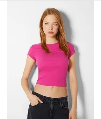 xs Beden pembe Renk Bershka crop tişört bluz