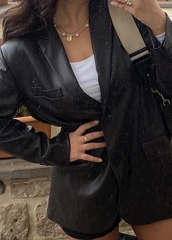 Düğmeli Siyah Deri Blazer - Görsel 2