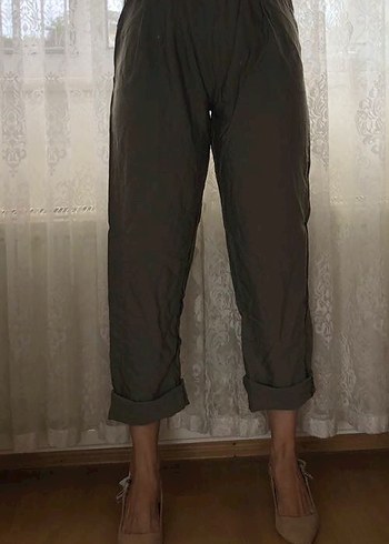 s Beden haki Renk Gri Keten Rahat Kesim Midi Kadın Pantolon