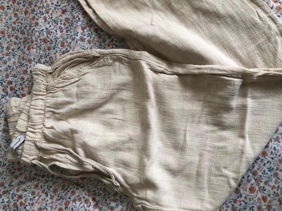 Bej Bol Kesim Keten Midi Kadın Pantolon - Görsel 3