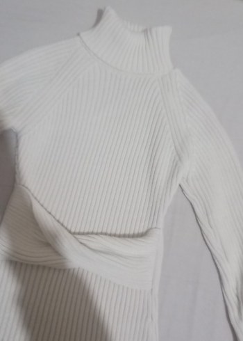 Beyaz Uzun Kollu Fit Triko Elbise - Görsel 4