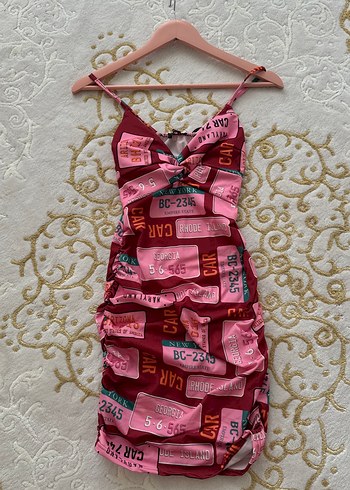 Bordo Baskılı Uzun Askılı Mini Elbise