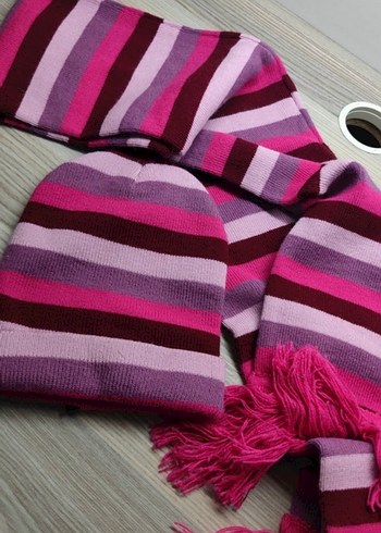 Çizgili Pembe Çocuk Bere ve Atkı Takımı - Görsel 2