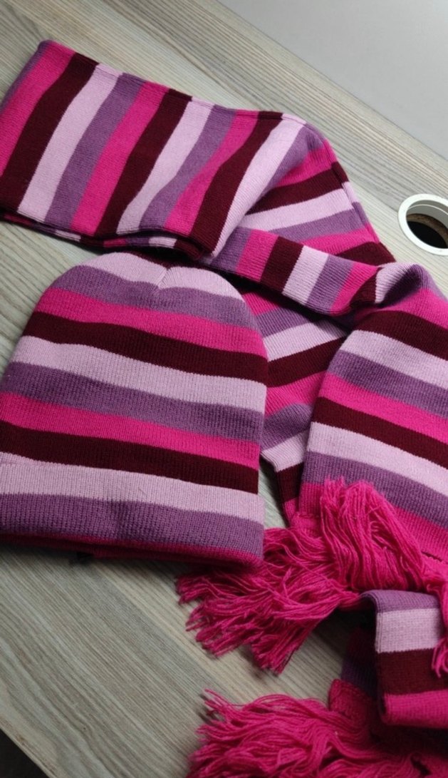 Çizgili Pembe Çocuk Bere ve Atkı Takımı - Görsel 2