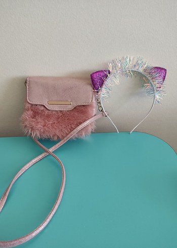 Pembe Peluş Detaylı Çanta ve Kedi Kulaklı Taç