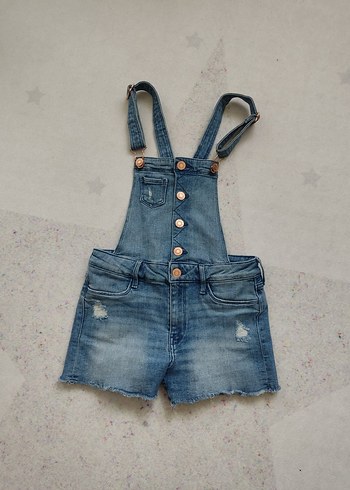 Kız Çocuk Mavi Jeans Askılı Kısa Tulum