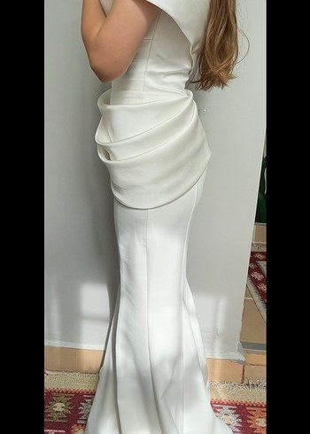 Beyaz Drapeli Straplez Uzun Gelinlik - Görsel 3