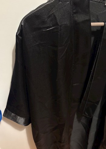 Siyah Kısa Kollu Gevşek Kesim Midi Kadın Sabahlık - Görsel 2