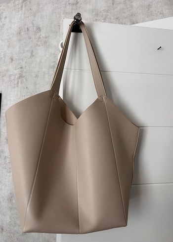 Zara Krem Deri Shopper Çanta
