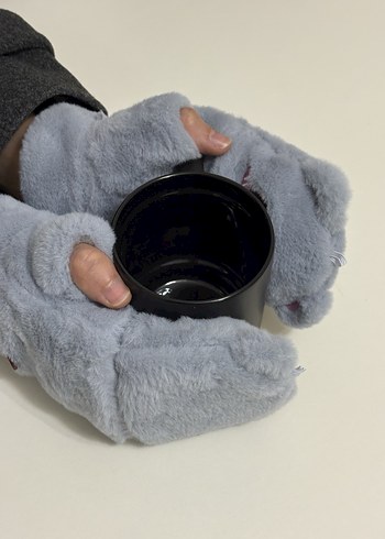 Kadın Gri Peluş Eldivenler Sevimli Detaylı - Görsel 2