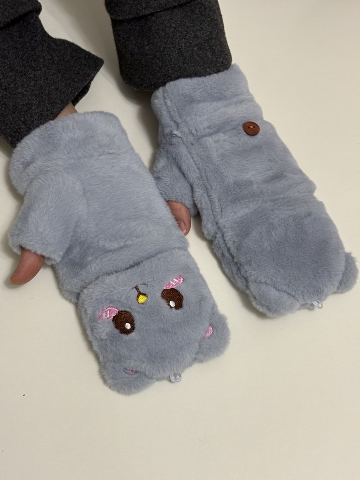 Kadın Gri Peluş Eldivenler Sevimli Detaylı - Görsel 4
