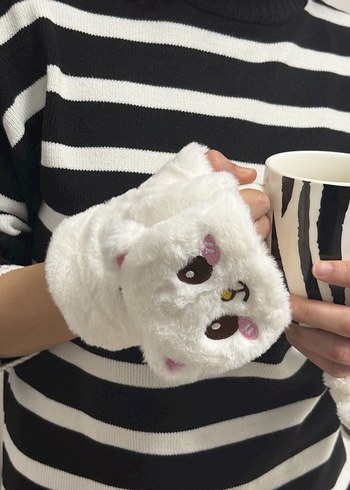 Kadın Beyaz Peluş Desenli Eldiven - Görsel 5