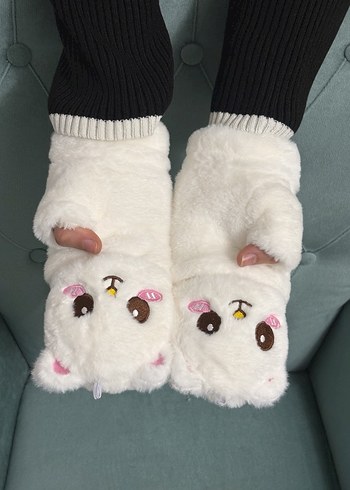 Kadın Beyaz Peluş Desenli Eldiven - Görsel 2