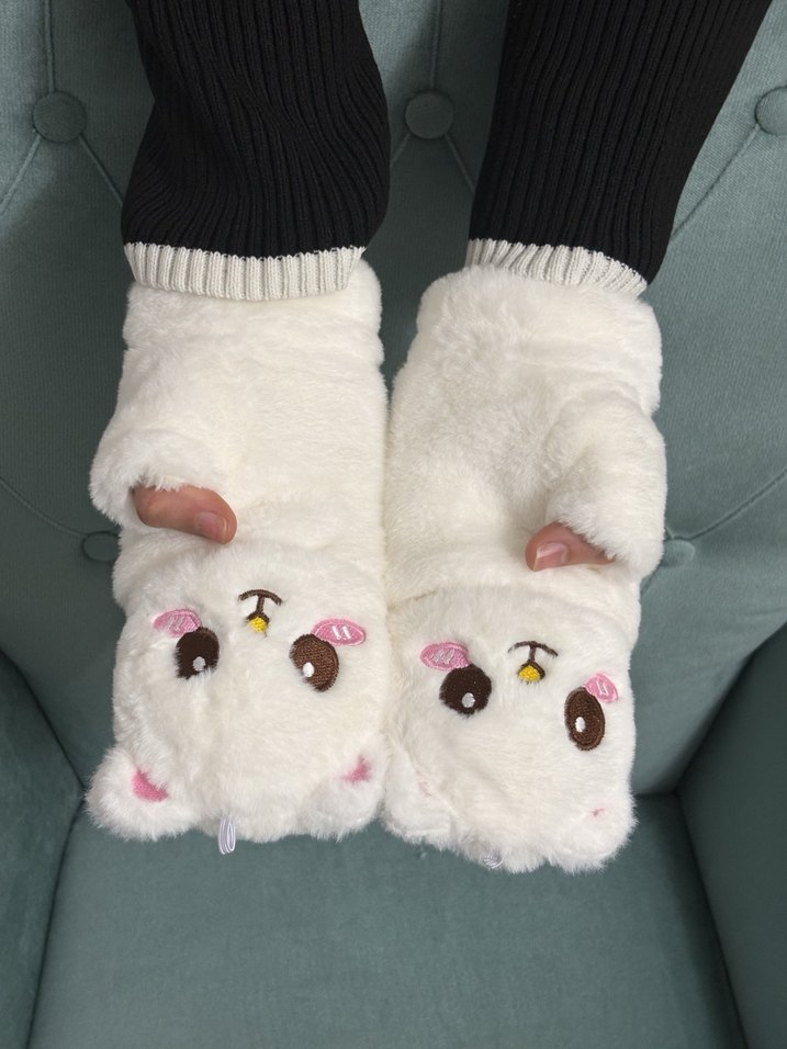 Kadın Beyaz Peluş Desenli Eldiven - Görsel 2