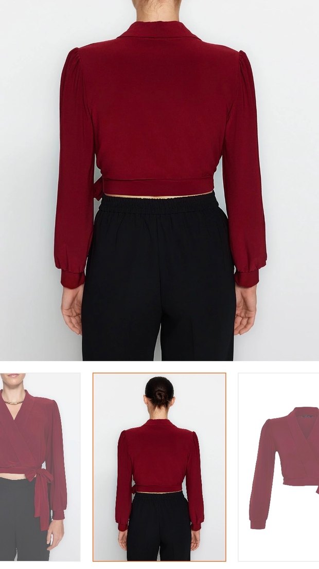 Kuşaklı Bordo V Yaka Kadın Bluz - Görsel 2