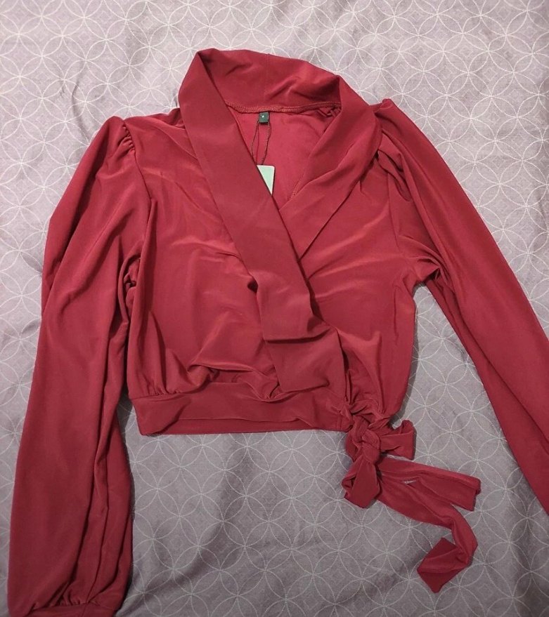 Kuşaklı Bordo V Yaka Kadın Bluz - Görsel 3