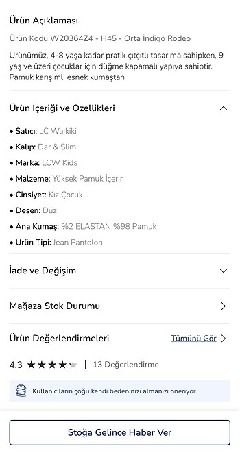 10 Yaş Beden Lc Waikiki Kız Çocuk Kot Pantolon