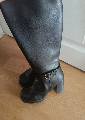 Kemer Detaylı Siyah Deri Biker Dizüstü Bot - Görsel 3