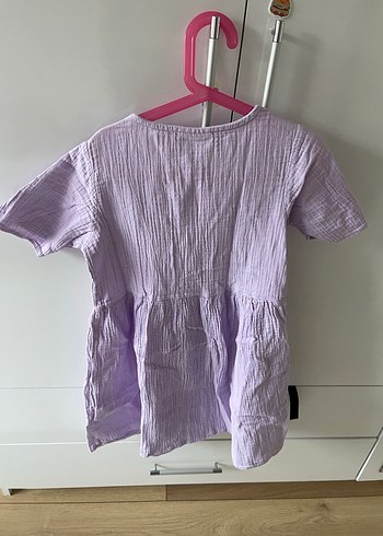 Kız Çocuk Lila Keten Düğmeli Elbise - Görsel 2