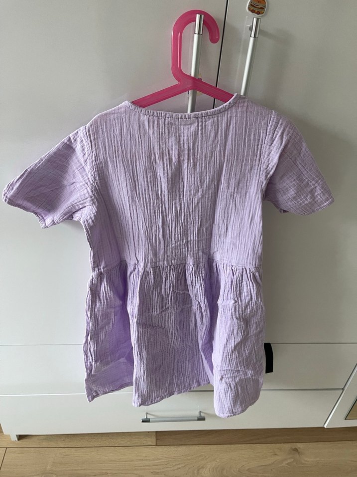 Kız Çocuk Lila Keten Düğmeli Elbise - Görsel 2