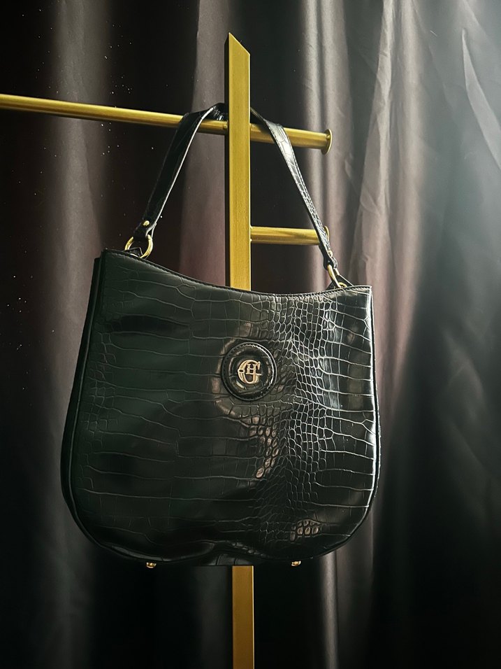Krokodil Desenli Siyah Deri Kadın Çanta - Görsel 2