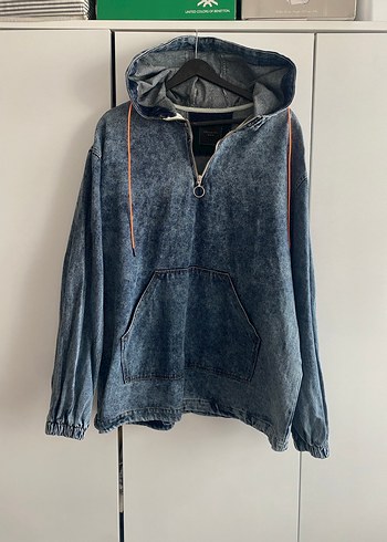 Kapüşonlu Bağcıklı Mavi Denim Ceket
