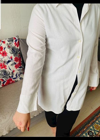 Düğmeli Beyaz Pamuklu Kadın Gömlek - Görsel 4