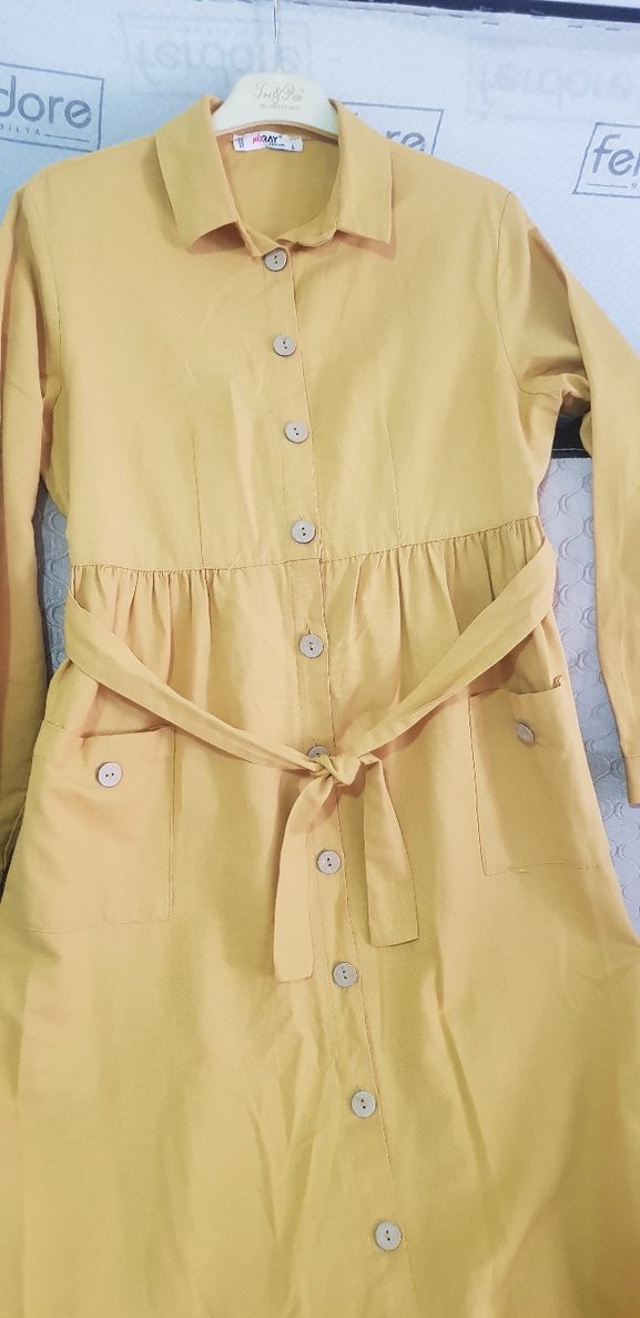 hardal Sarısı  Düğmeli Kadın Uzun Elbise - Görsel 4