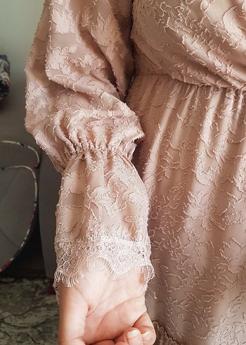 Bej Bohem Uzun Kollu Kadın Elbise - Görsel 6